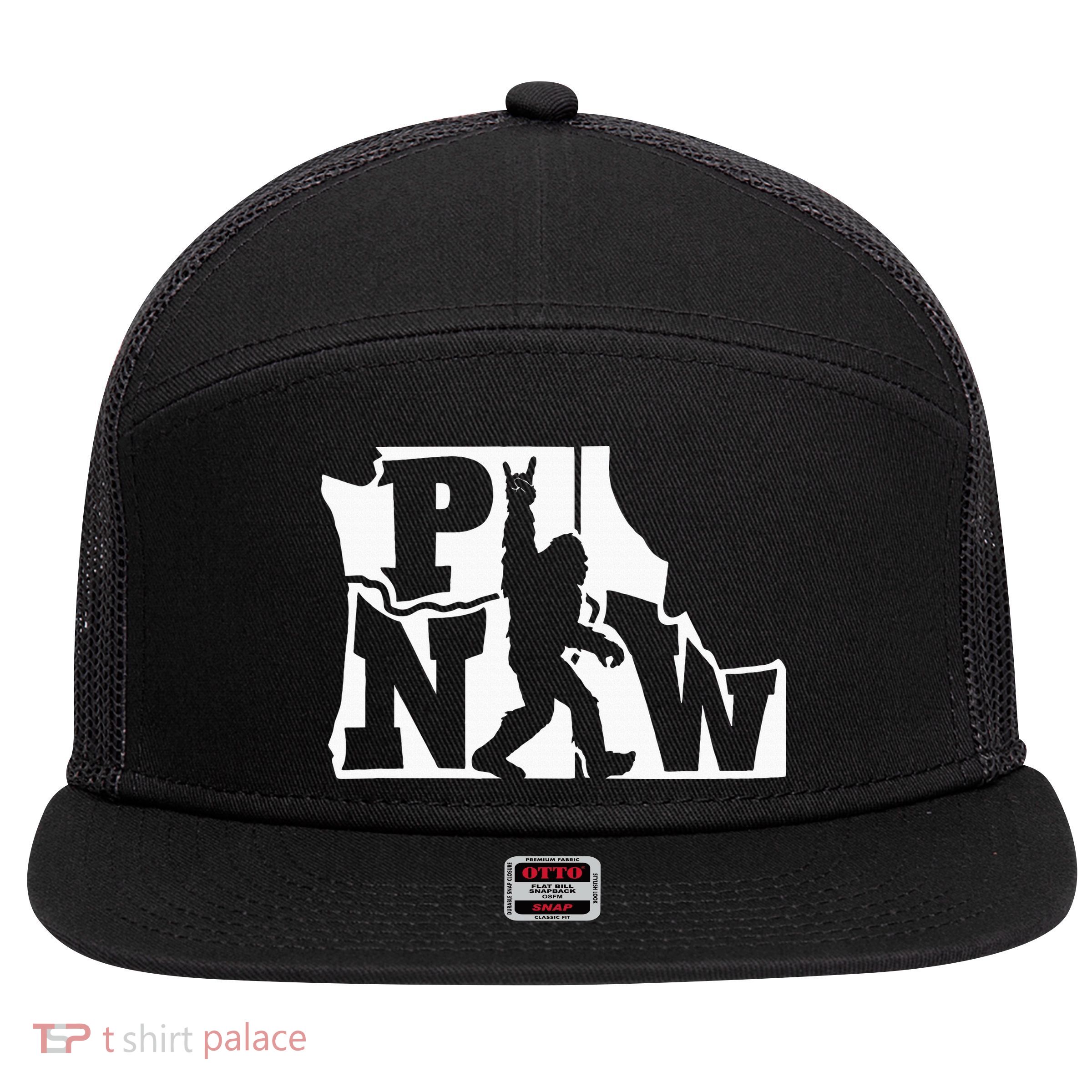 Bigfoot Rock And Roll Silhouette Pacific Northwest Sasquatch 7 Panel Mesh Trucker Snapback Hat