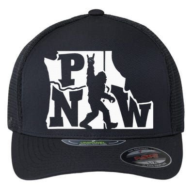 Bigfoot Rock And Roll Silhouette Pacific Northwest Sasquatch Flexfit Unipanel Trucker Cap