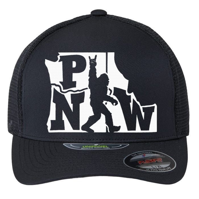 Bigfoot Rock And Roll Silhouette Pacific Northwest Sasquatch Flexfit Unipanel Trucker Cap