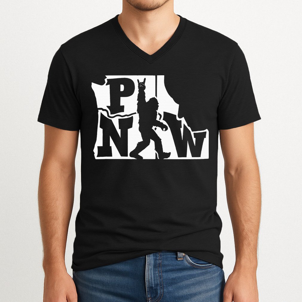 Bigfoot Rock And Roll Silhouette Pacific Northwest Sasquatch V-Neck T-Shirt