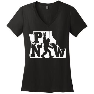 Bigfoot Rock And Roll Silhouette Pacific Northwest Sasquatch Women's V-Neck T-Shirt