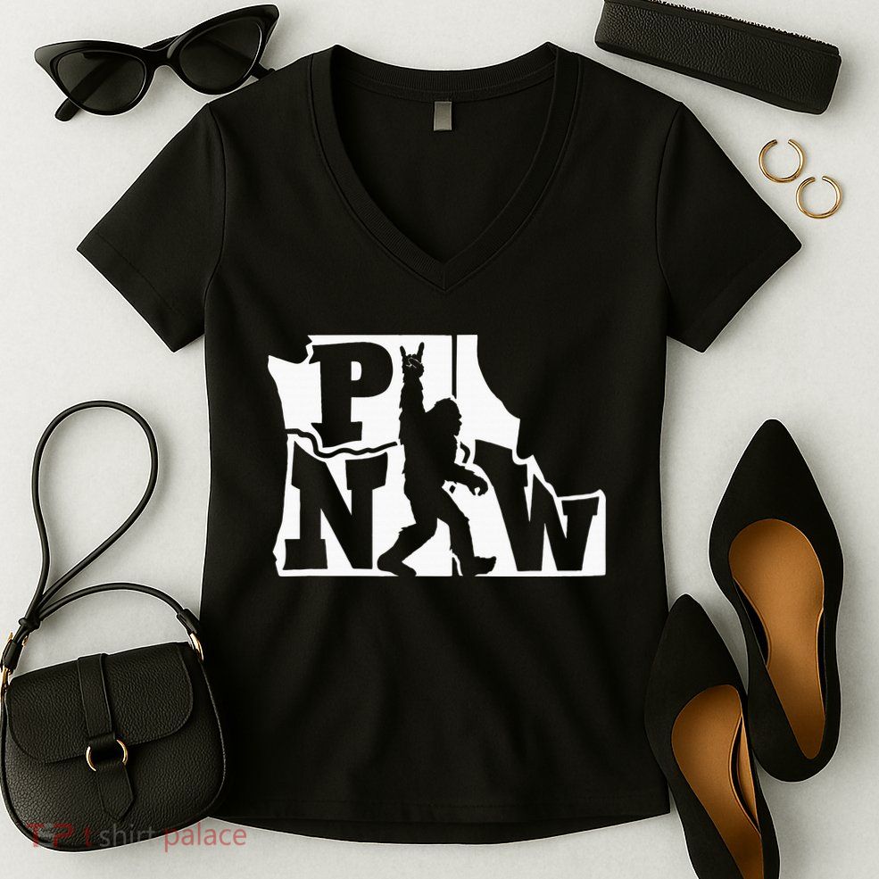Bigfoot Rock And Roll Silhouette Pacific Northwest Sasquatch Women's V-Neck T-Shirt