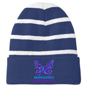 Butterfly Rheumatoid Arthritis Awareness Ra Ribbon Support Striped Beanie with Solid Band