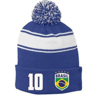 Brasil World Cup Soccer Emblem Jersey Stripe Pom Pom Beanie