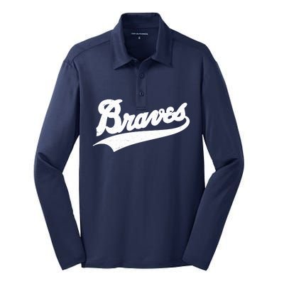 Braves Baseball Vintage Sports Logo Silk Touch Performance Long Sleeve Polo