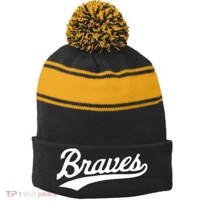 Braves Vintage Distressed Stripe Pom Pom Beanie