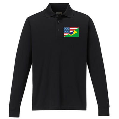 Brazil USA American Flag Performance Long Sleeve Polo