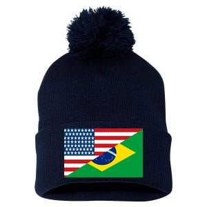 Brazil USA American Flag Pom Pom 12in Knit Beanie