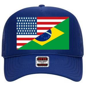 Brazil USA American Flag High Crown Mesh Back Trucker Hat