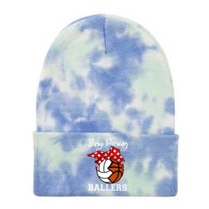 Busy Raising Ballers Funny Volleyball Basketball Mom Gift Tie Dye 12in Knit Beanie