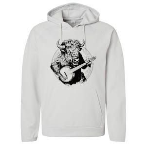 Buffalo Retro Bison Animal Playing Banjo Music Graphic Performance Fleece Hoodie