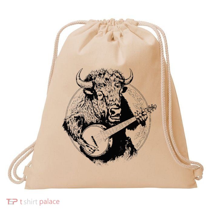 Buffalo Retro Bison Animal Playing Banjo Music Graphic Drawstring Bag