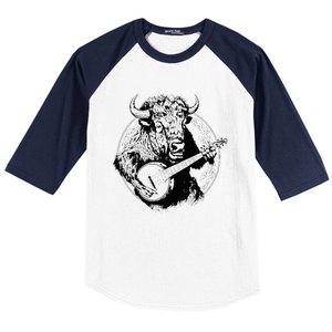 Buffalo Retro Bison Animal Playing Banjo Music Graphic Baseball Sleeve Shirt