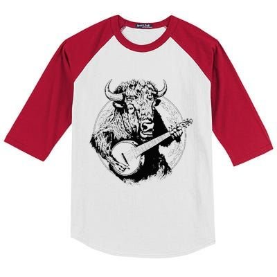 Buffalo Retro Bison Animal Playing Banjo Music Graphic Kids Colorblock Raglan Jersey