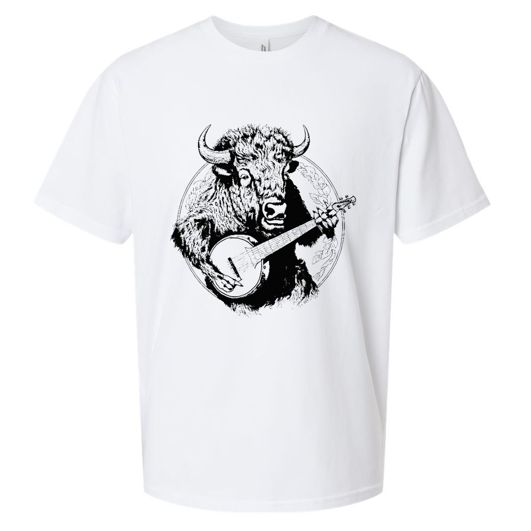 Buffalo Retro Bison Animal Playing Banjo Music Graphic Sueded Cloud Jersey T-Shirt
