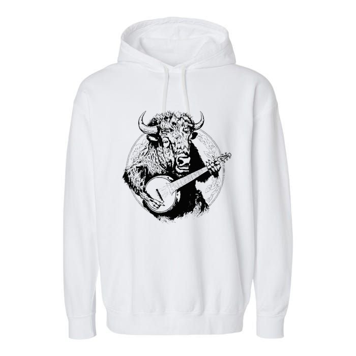 Buffalo Retro Bison Animal Playing Banjo Music Graphic Garment-Dyed Fleece Hoodie