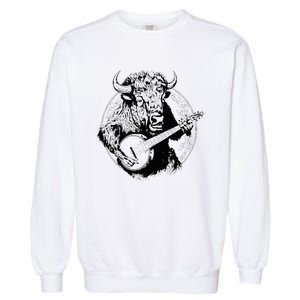 Buffalo Retro Bison Animal Playing Banjo Music Graphic Garment-Dyed Sweatshirt