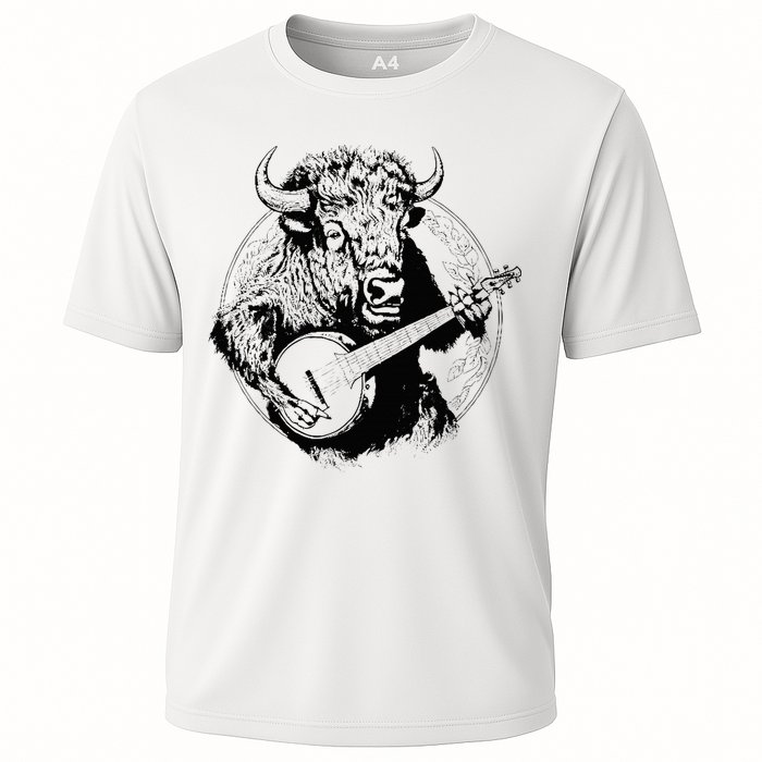Buffalo Retro Bison Animal Playing Banjo Music Graphic Cooling Performance Crew T-Shirt