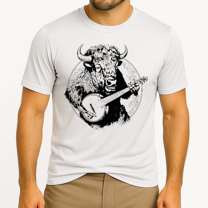 Buffalo Retro Bison Animal Playing Banjo Music Graphic Cooling Performance Crew T-Shirt