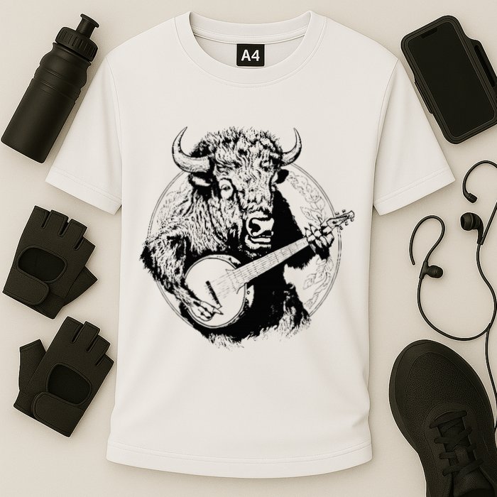 Buffalo Retro Bison Animal Playing Banjo Music Graphic Cooling Performance Crew T-Shirt