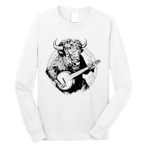 Buffalo Retro Bison Animal Playing Banjo Music Graphic Long Sleeve Shirt