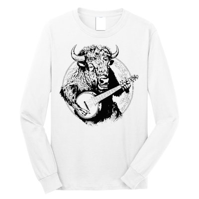 Buffalo Retro Bison Animal Playing Banjo Music Graphic Long Sleeve Shirt