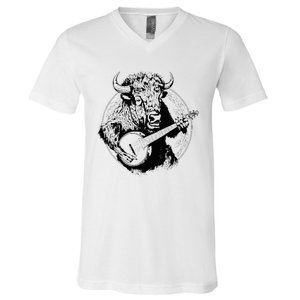 Buffalo Retro Bison Animal Playing Banjo Music Graphic V-Neck T-Shirt