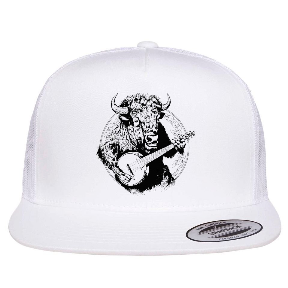 Buffalo Retro Bison Animal Playing Banjo Music Graphic Flat Bill Trucker Hat
