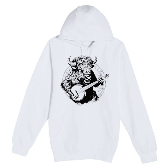 Buffalo Retro Bison Animal Playing Banjo Music Graphic Premium Pullover Hoodie