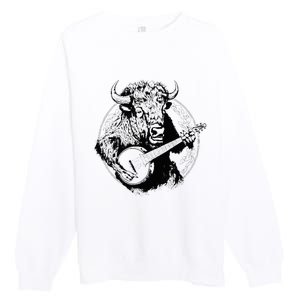 Buffalo Retro Bison Animal Playing Banjo Music Graphic Premium Crewneck Sweatshirt