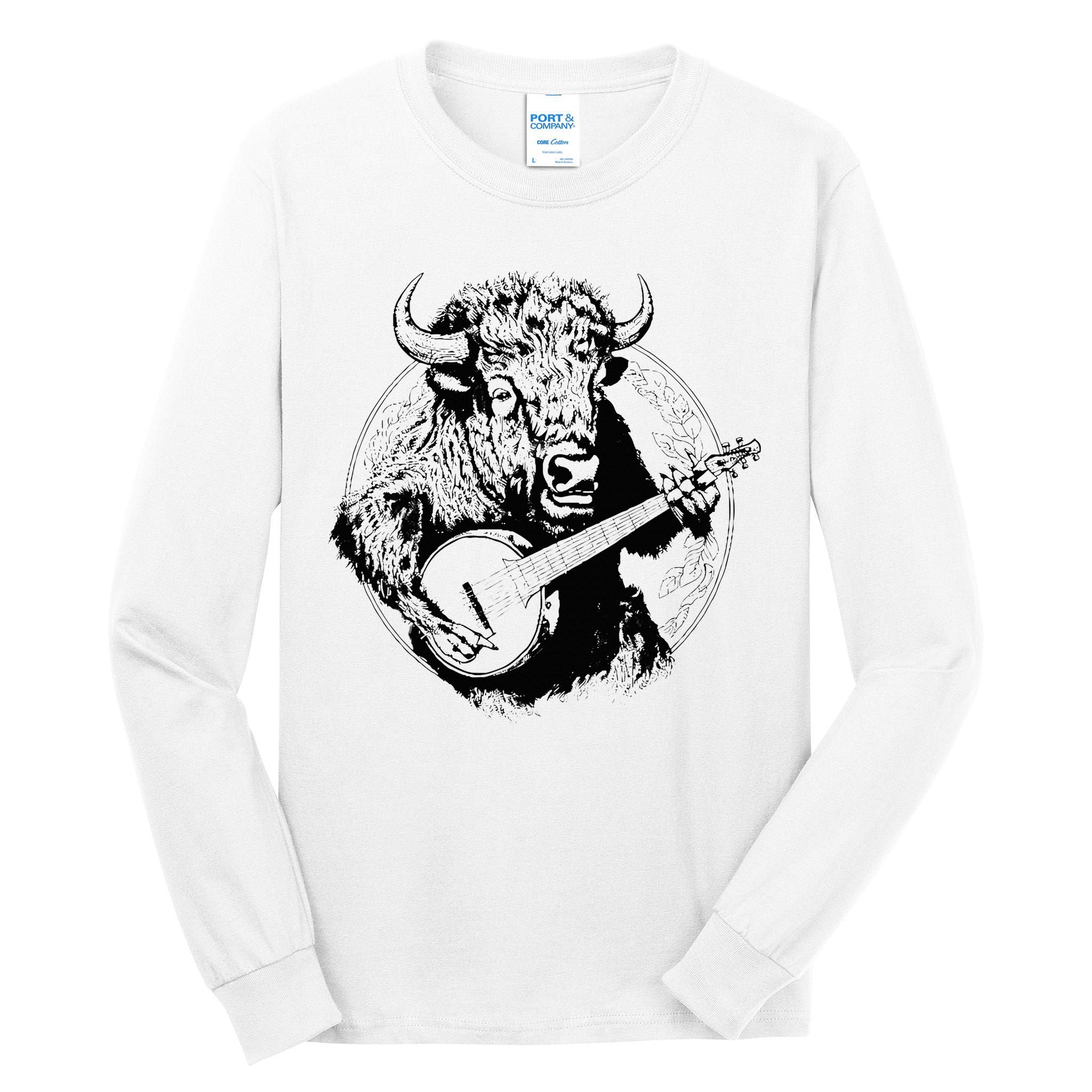 Buffalo Retro Bison Animal Playing Banjo Music Graphic Tall Long Sleeve T-Shirt