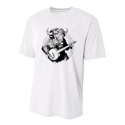 Buffalo Retro Bison Animal Playing Banjo Music Graphic Youth Performance Sprint T-Shirt