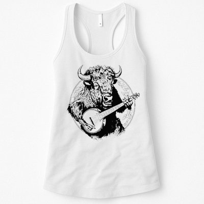 Buffalo Retro Bison Animal Playing Banjo Music Graphic Womens Tank Top