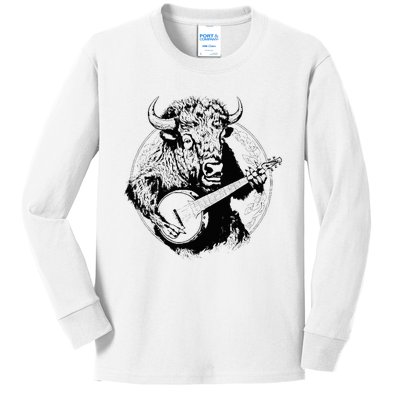 Buffalo Retro Bison Animal Playing Banjo Music Graphic Kids Long Sleeve Shirt