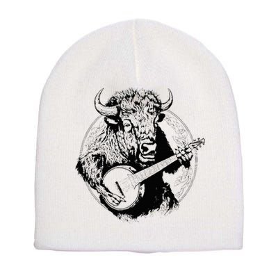 Buffalo Retro Bison Animal Playing Banjo Music Graphic Short Acrylic Beanie
