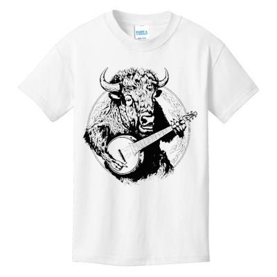 Buffalo Retro Bison Animal Playing Banjo Music Graphic Kids T-Shirt