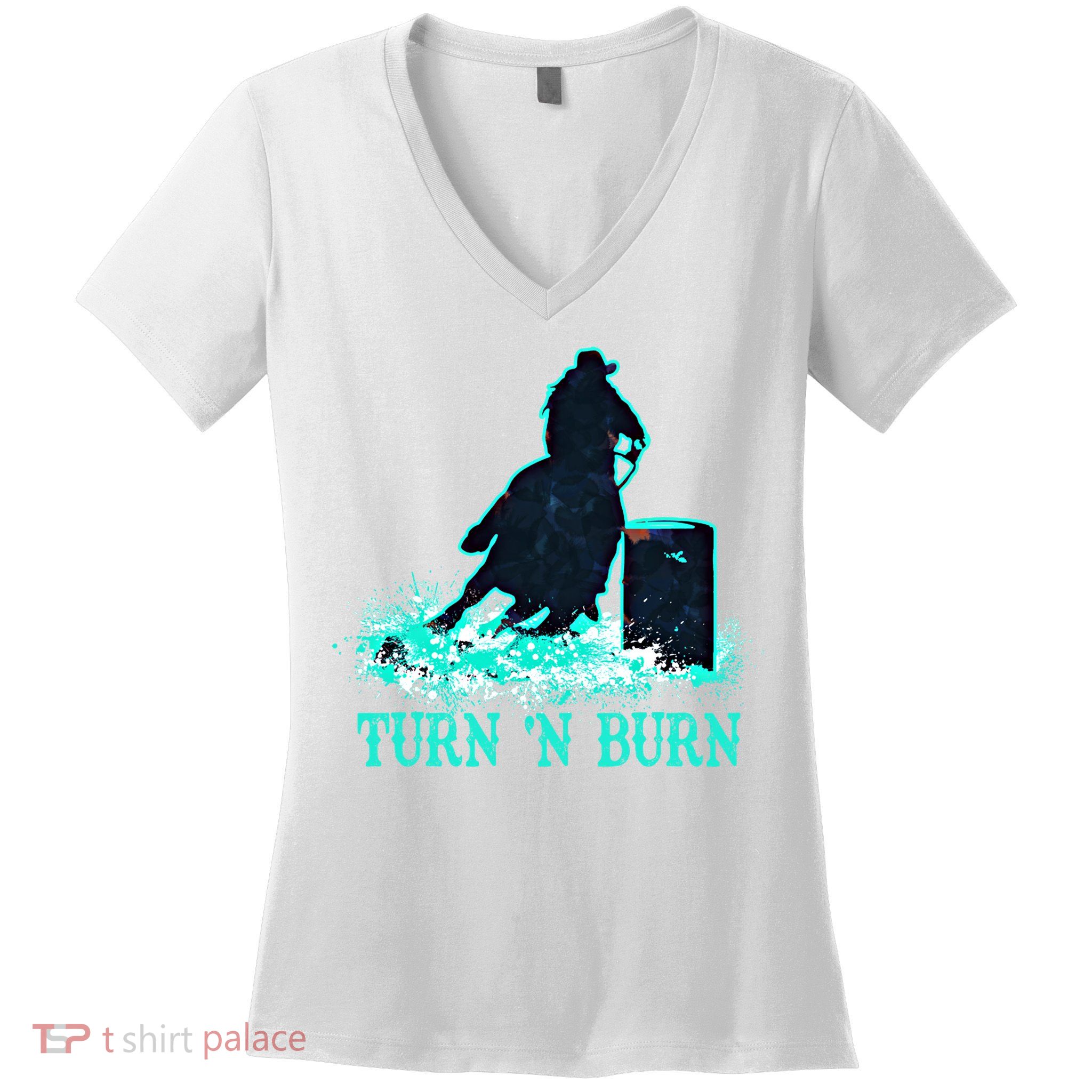 Barrel Racer Barrel Racing Horse Turn And Burn Teal Blue Cute Gift Women's V-Neck T-Shirt