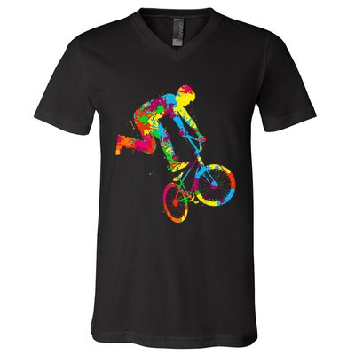 BMX Rider Bike Bicycle Stunt Racing Kids V-Neck T-Shirt