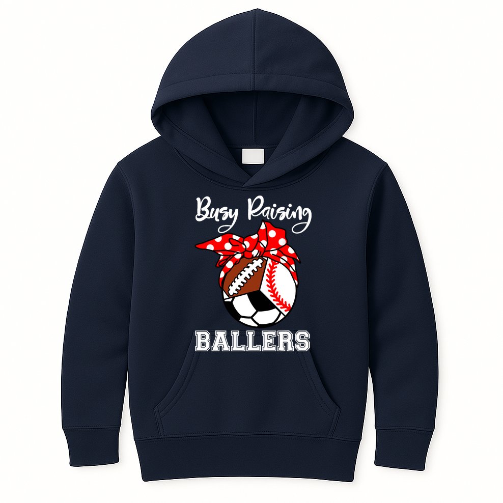 Busy Raising Ballers Funny Baseball Football Soccer Mom Kids Hoodie
