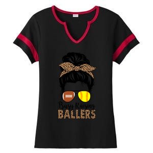 Busy Raising Ballers Softball And Football Mom Messy Bun Funny Gift Ladies Halftime Notch Neck Tee