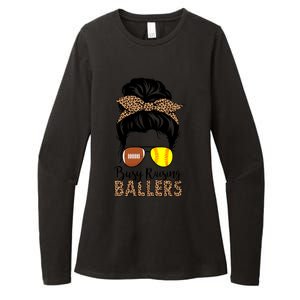 Busy Raising Ballers Softball And Football Mom Messy Bun Funny Gift Womens CVC Long Sleeve Shirt