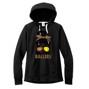 Busy Raising Ballers Softball And Football Mom Messy Bun Funny Gift Women's Fleece Hoodie