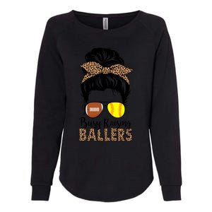 Busy Raising Ballers Softball And Football Mom Messy Bun Funny Gift Womens California Wash Sweatshirt