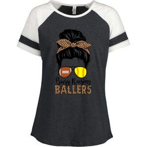 Busy Raising Ballers Softball And Football Mom Messy Bun Funny Gift Enza Ladies Jersey Colorblock Tee