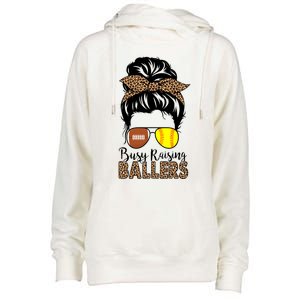 Busy Raising Ballers Softball And Football Mom Messy Bun Funny Gift Womens Funnel Neck Pullover Hood