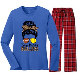 Busy Raising Ballers Softball And Football Mom Messy Bun Funny Gift Women's Long Sleeve Flannel Pajama Set 