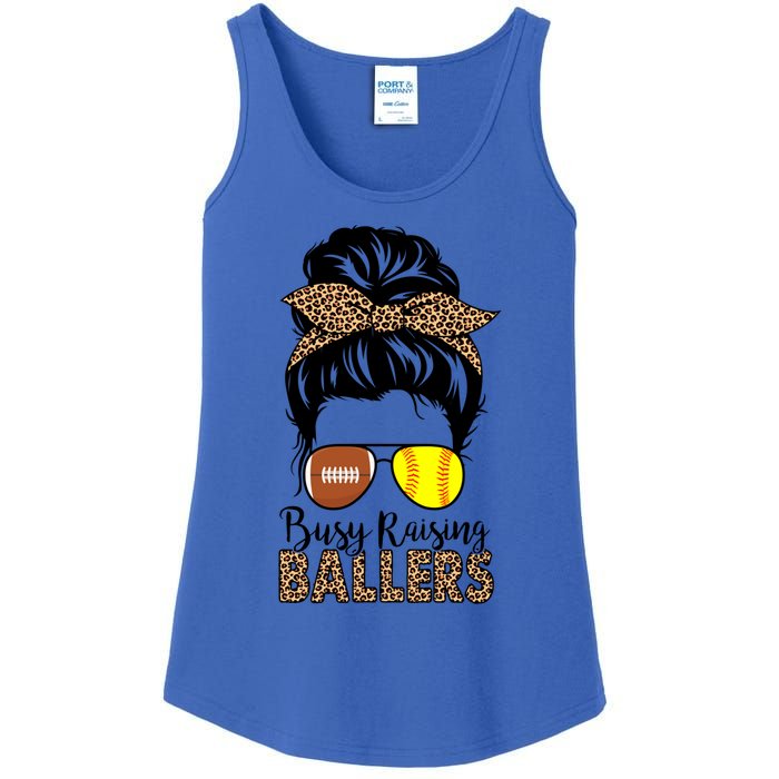 Busy Raising Ballers Softball And Football Mom Messy Bun Funny Gift Ladies Essential Tank