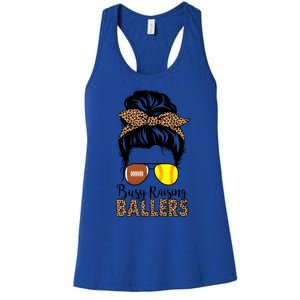 Busy Raising Ballers Softball And Football Mom Messy Bun Funny Gift Women's Racerback Tank