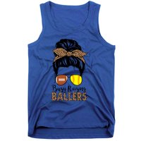 Busy Raising Ballers Softball And Football Mom Messy Bun Funny Gift Tank Top