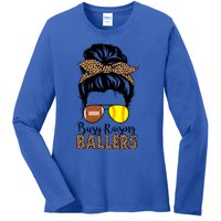 Busy Raising Ballers Softball And Football Mom Messy Bun Funny Gift Ladies Long Sleeve Shirt